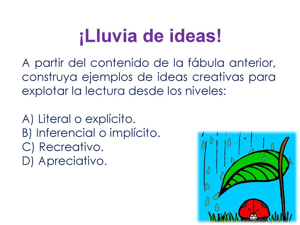 ¡Lluvia de ideas! A partir del contenido de la fábula anterior, construya ejemplos de ideas creativas para explotar la lectura desde los niveles:
