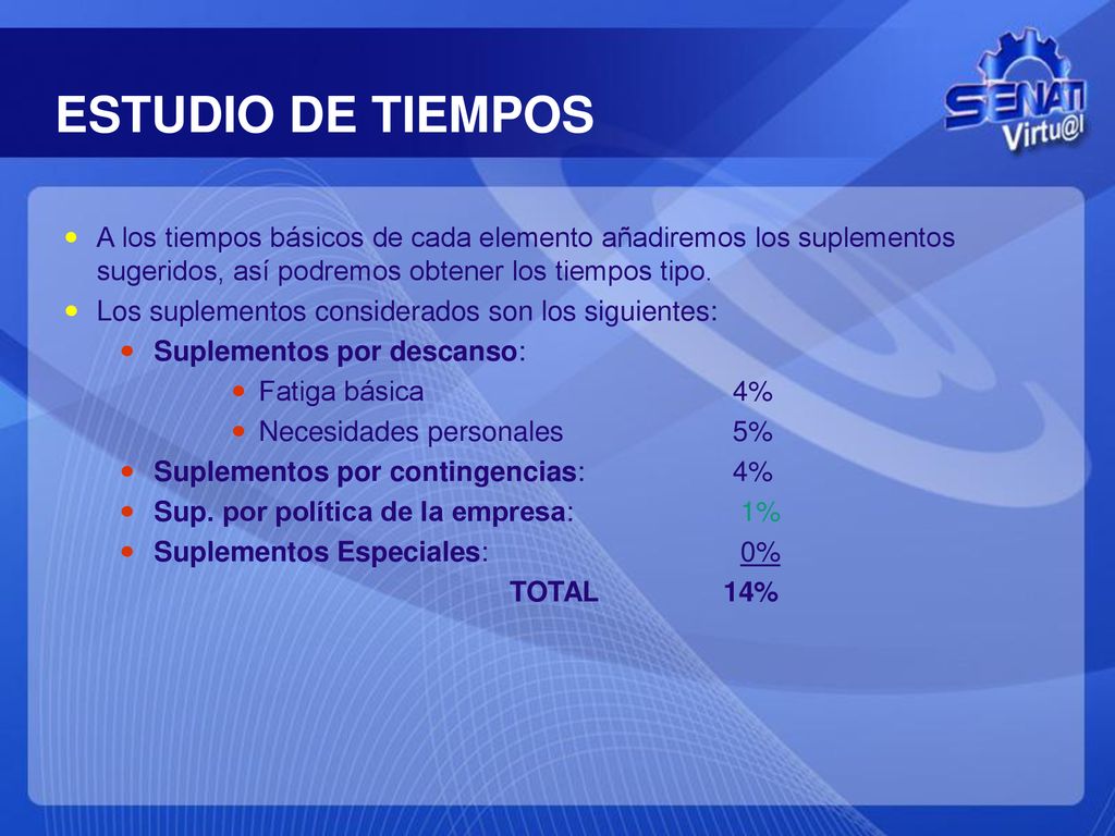 ESTUDIO DE TIEMPOS A los tiempos básicos de cada elemento añadiremos los suplementos sugeridos, así podremos obtener los tiempos tipo.