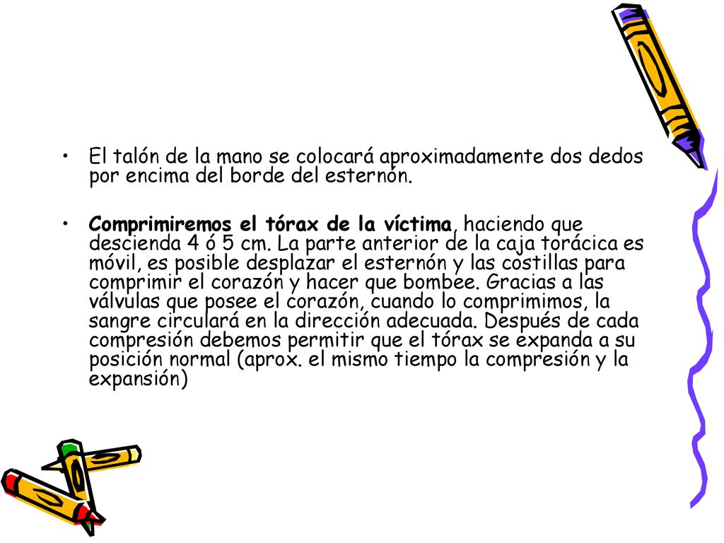 El talón de la mano se colocará aproximadamente dos dedos por encima del borde del esternón.