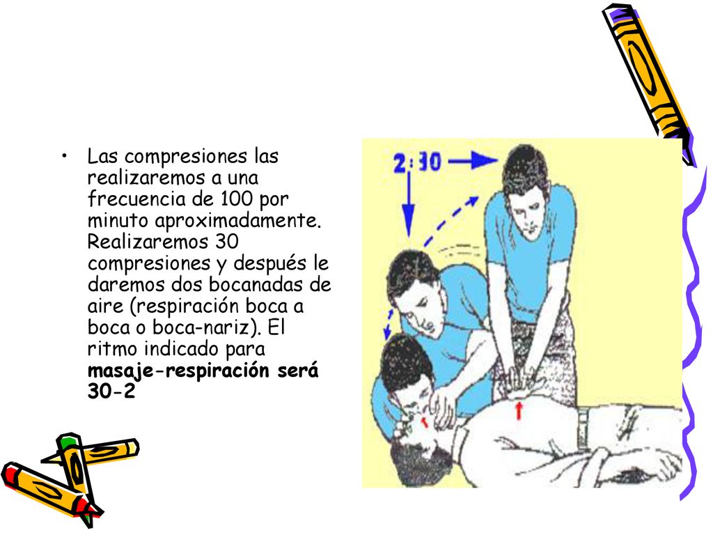 Las compresiones las realizaremos a una frecuencia de 100 por minuto aproximadamente.