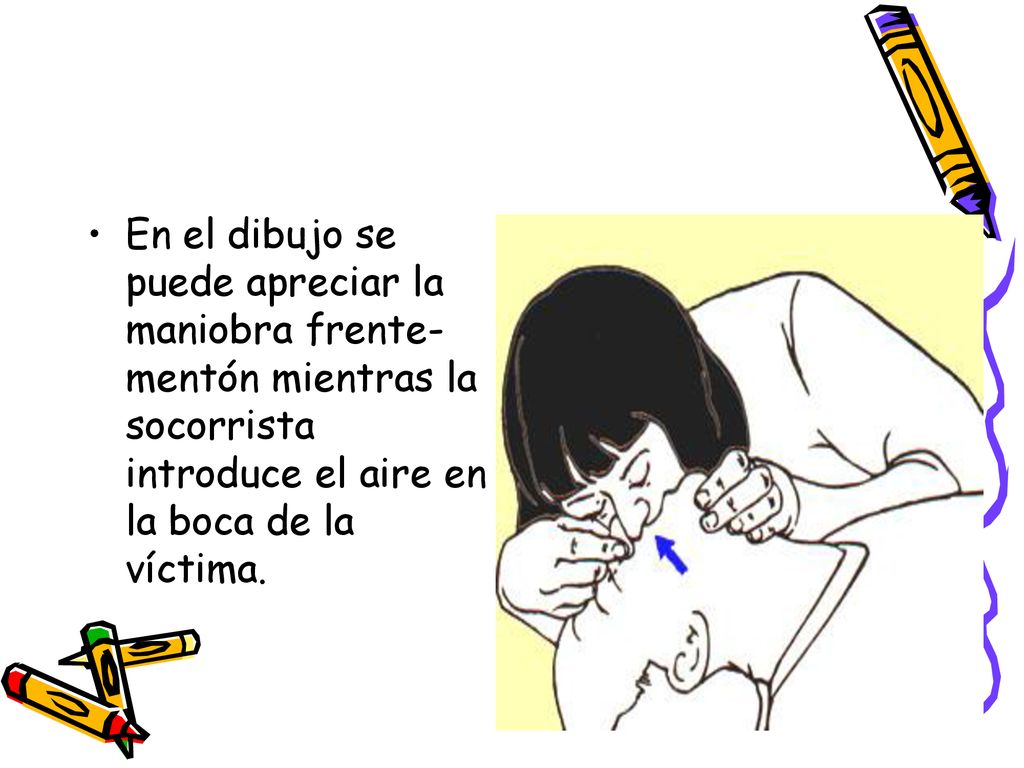 En el dibujo se puede apreciar la maniobra frente-mentón mientras la socorrista introduce el aire en la boca de la víctima.