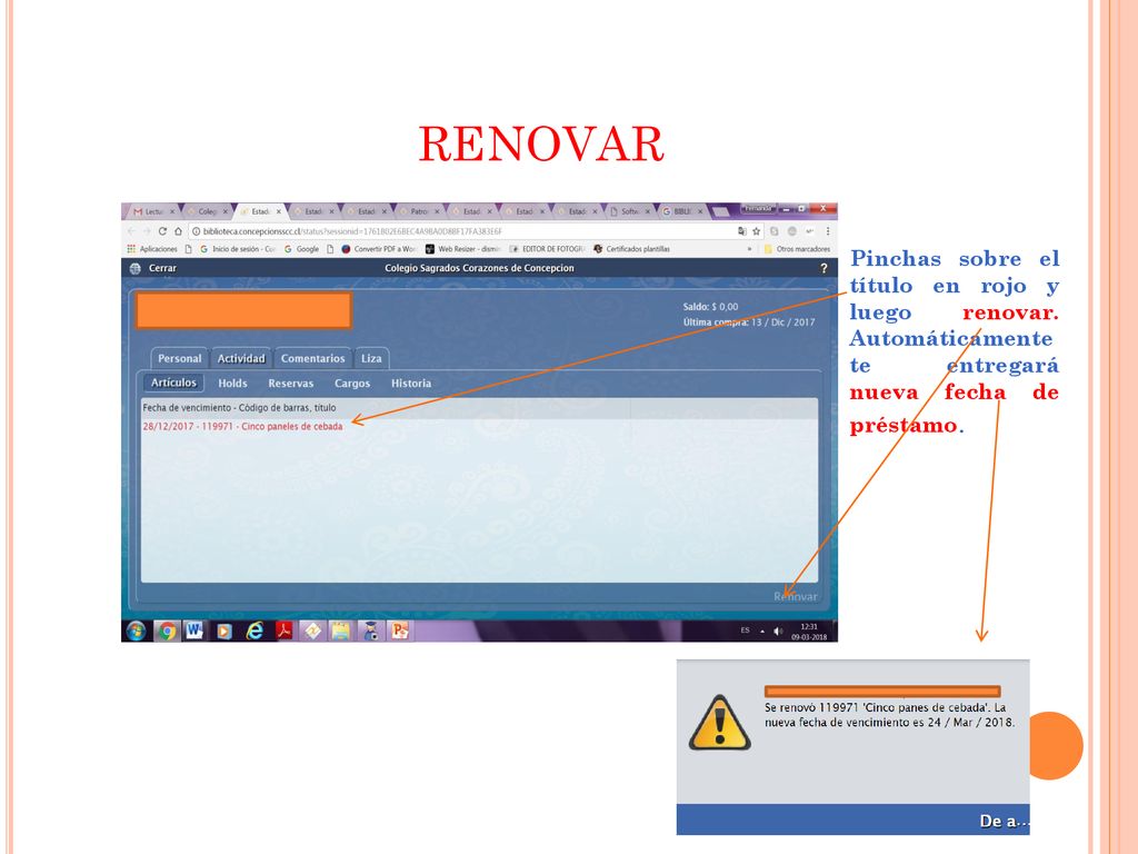 RENOVAR Pinchas sobre el titulo en rojo y luego, renovar. Automaticamente te entregara nueva fecha.