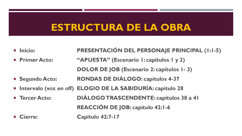ESTRUCTURA DE LA OBRA Inicio: PRESENTACIÓN DEL PERSONAJE PRINCIPAL (1:1-5) Primer Acto: APUESTA (Escenario 1: capítulos 1 y 2)