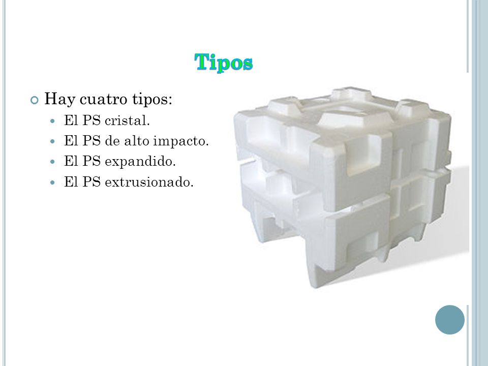 Tipos Hay cuatro tipos: El PS cristal. El PS de alto impacto.