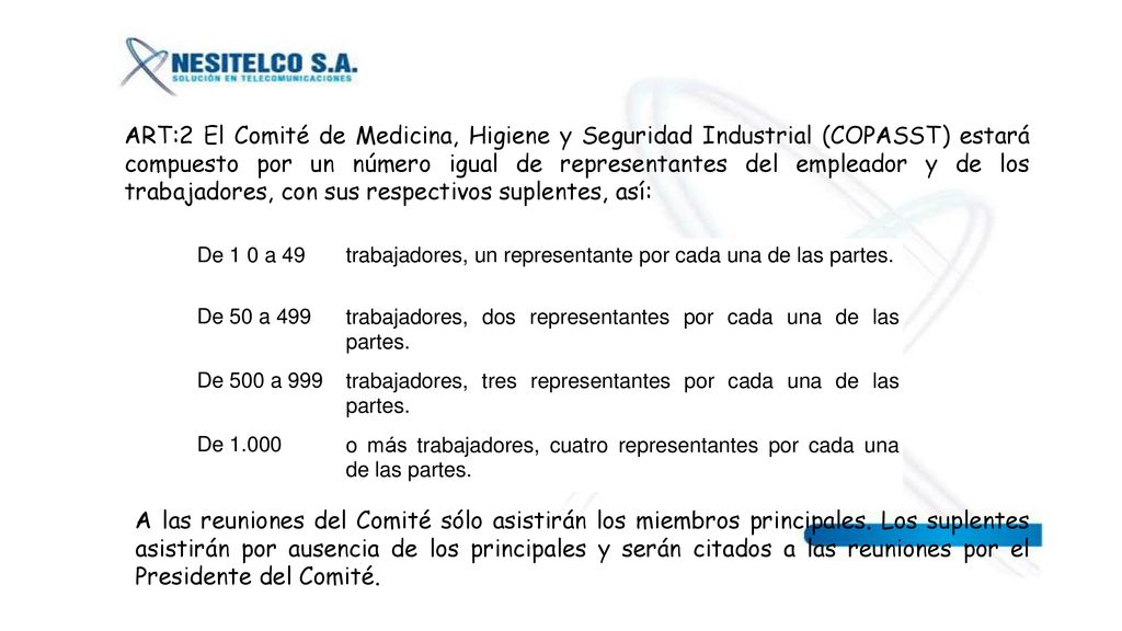 ART:2 El Comité de Medicina, Higiene y Seguridad Industrial (COPASST) estará compuesto por un número igual de representantes del empleador y de los trabajadores, con sus respectivos suplentes, así: