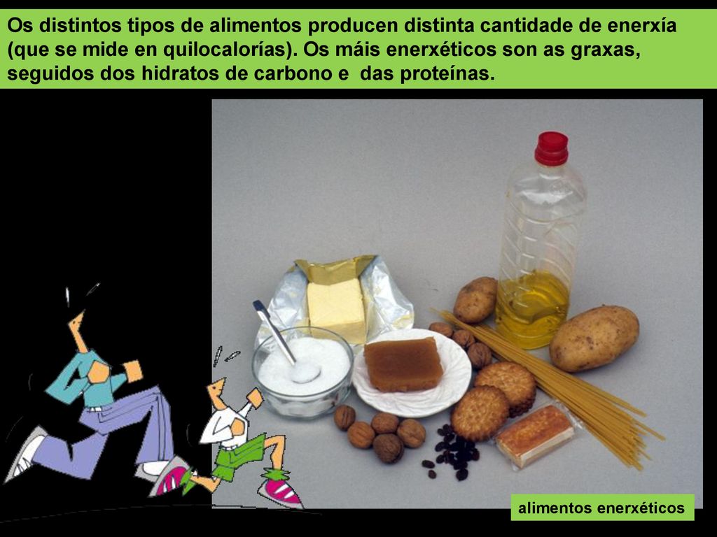 Os distintos tipos de alimentos producen distinta cantidade de enerxía (que se mide en quilocalorías). Os máis enerxéticos son as graxas, seguidos dos hidratos de carbono e das proteínas.