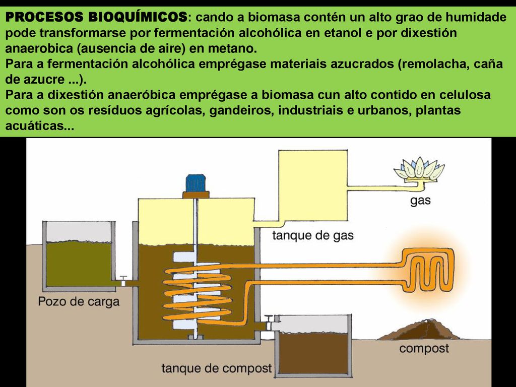 PROCESOS BIOQUÍMICOS: cando a biomasa contén un alto grao de humidade pode transformarse por fermentación alcohólica en etanol e por dixestión anaerobica (ausencia de aire) en metano.