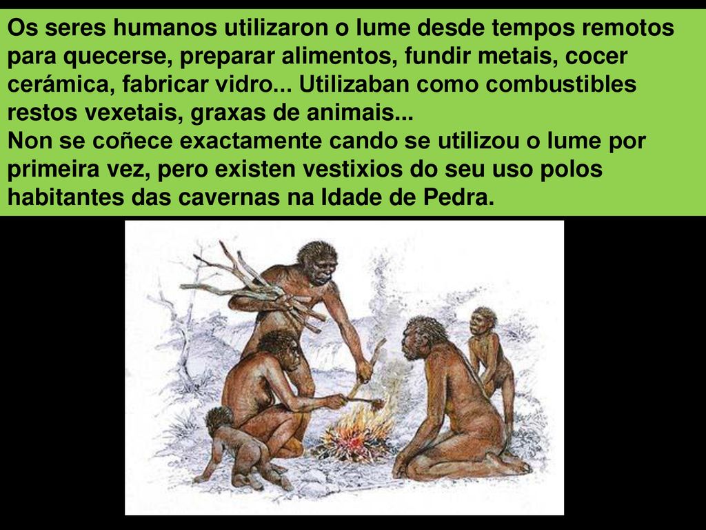 Os seres humanos utilizaron o lume desde tempos remotos para quecerse, preparar alimentos, fundir metais, cocer cerámica, fabricar vidro... Utilizaban como combustibles restos vexetais, graxas de animais...
