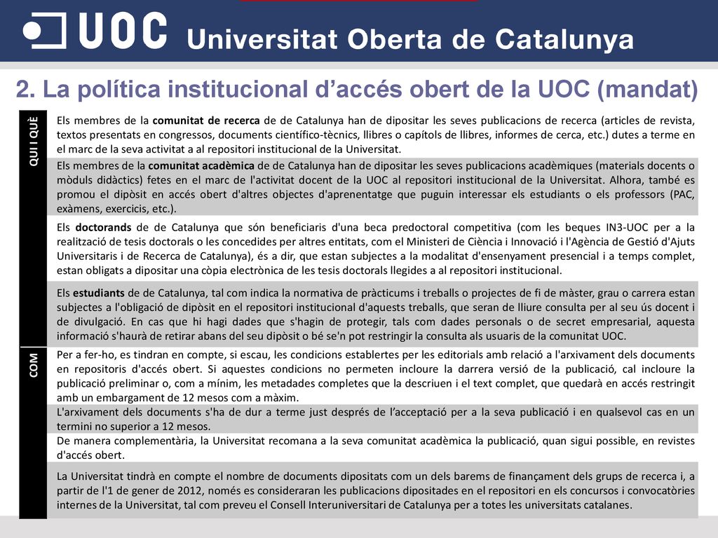 2. La política institucional d’accés obert de la UOC (mandat)