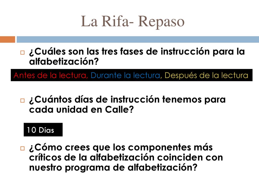 La Rifa- Repaso ¿Cuáles son las tres fases de instrucción para la alfabetización ¿Cuántos días de instrucción tenemos para cada unidad en Calle