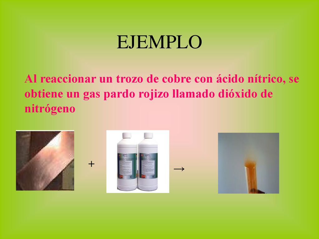 EJEMPLO Al reaccionar un trozo de cobre con ácido nítrico, se obtiene un gas pardo rojizo llamado dióxido de nitrógeno.