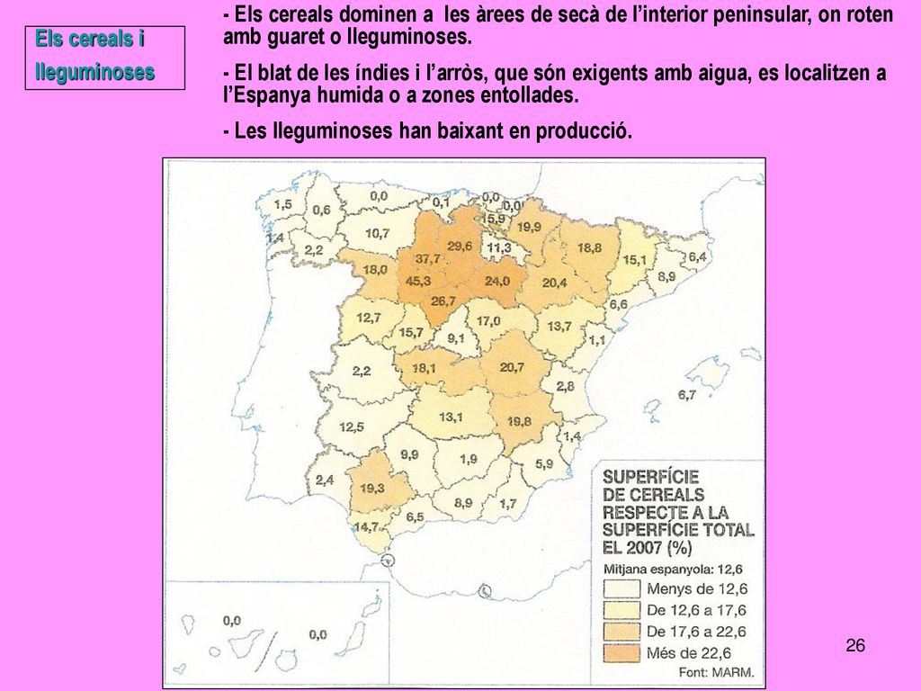 - Els cereals dominen a les àrees de secà de l’interior peninsular, on roten amb guaret o lleguminoses.