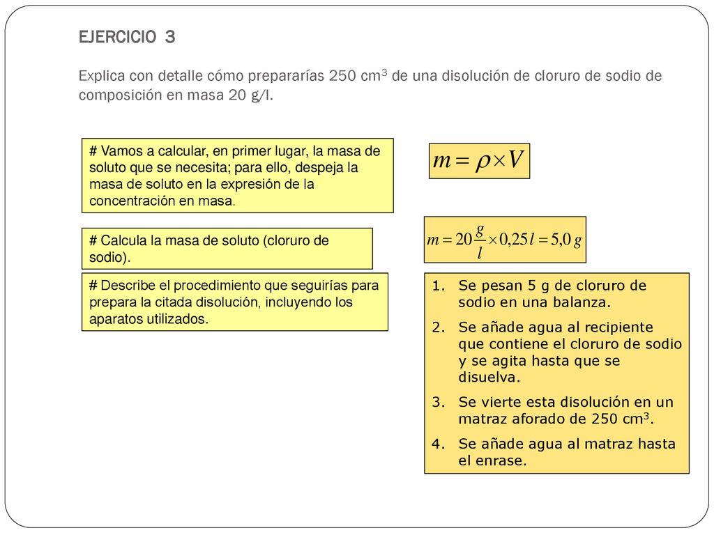 EJERCICIO 3 Explica con detalle cómo prepararías 250 cm3 de una disolución de cloruro de sodio de composición en masa 20 g/l.