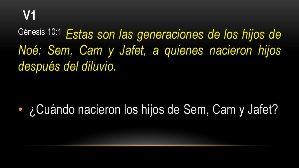 V1 Génesis 10:1 Estas son las generaciones de los hijos de Noé: Sem, Cam y Jafet, a quienes nacieron hijos después del diluvio.