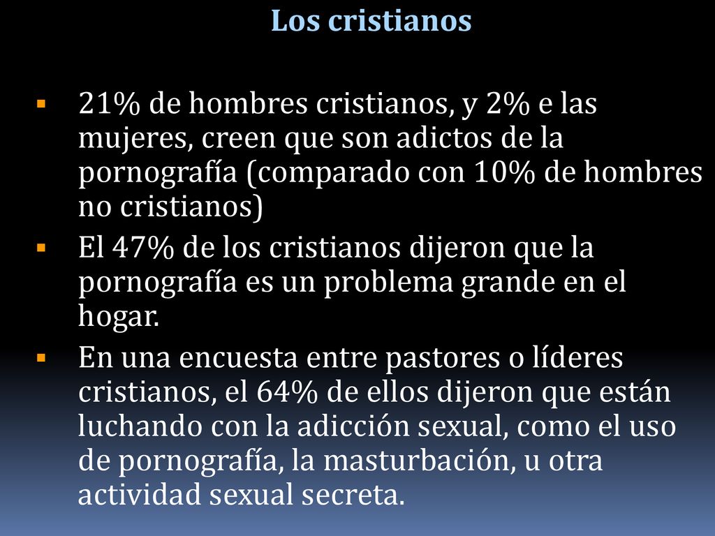 Los cristianos 21% de hombres cristianos, y 2% e las mujeres, creen que son adictos de la pornografía (comparado con 10% de hombres no cristianos)