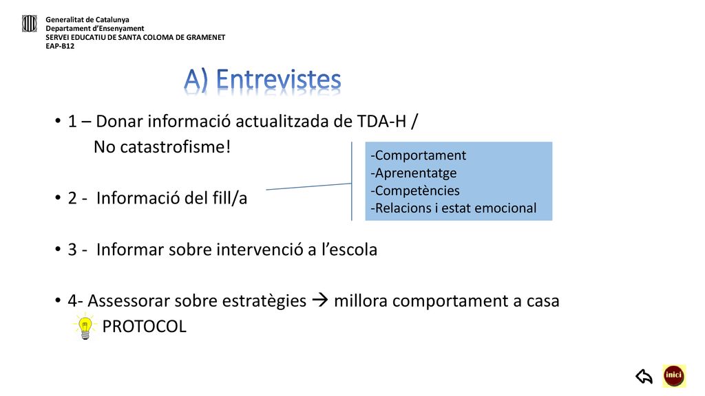 A) Entrevistes 1 – Donar informació actualitzada de TDA-H /