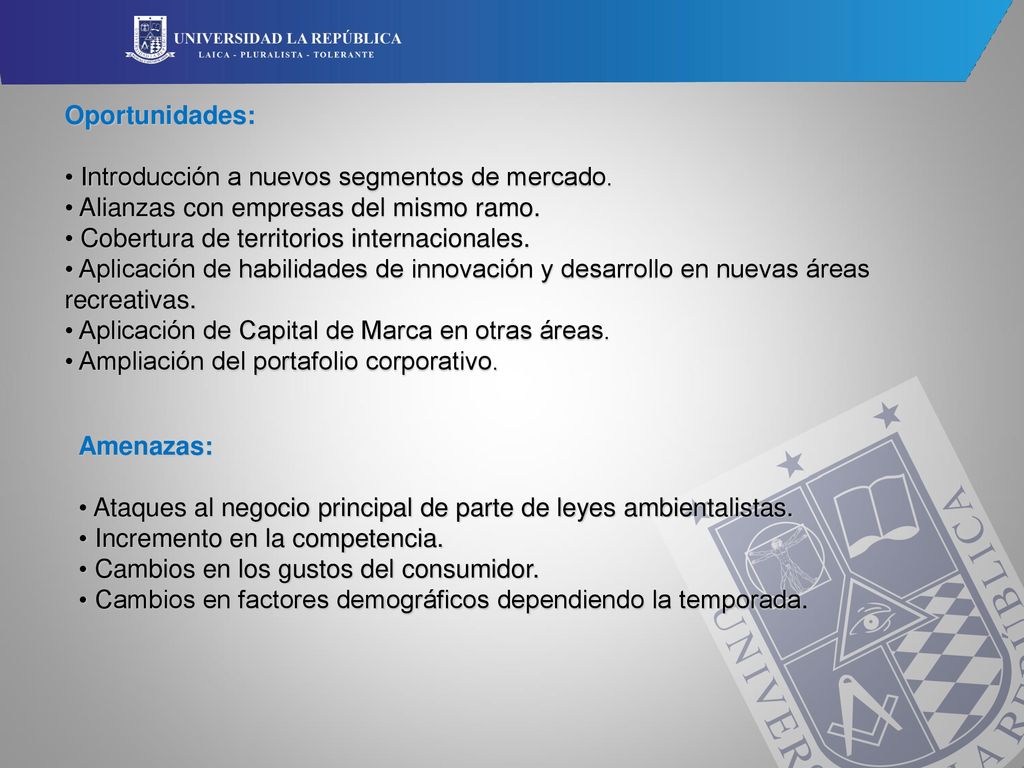 Oportunidades: Introducción a nuevos segmentos de mercado. Alianzas con empresas del mismo ramo. Cobertura de territorios internacionales.