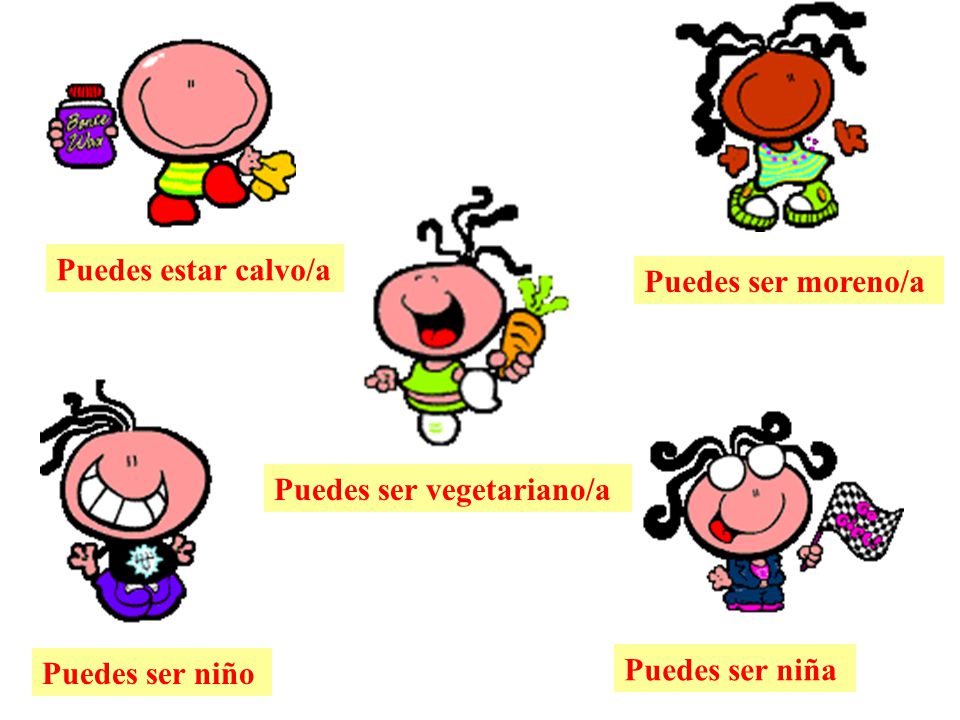 Puedes estar calvo/a Puedes ser moreno/a Puedes ser vegetariano/a Puedes ser niño Puedes ser niña