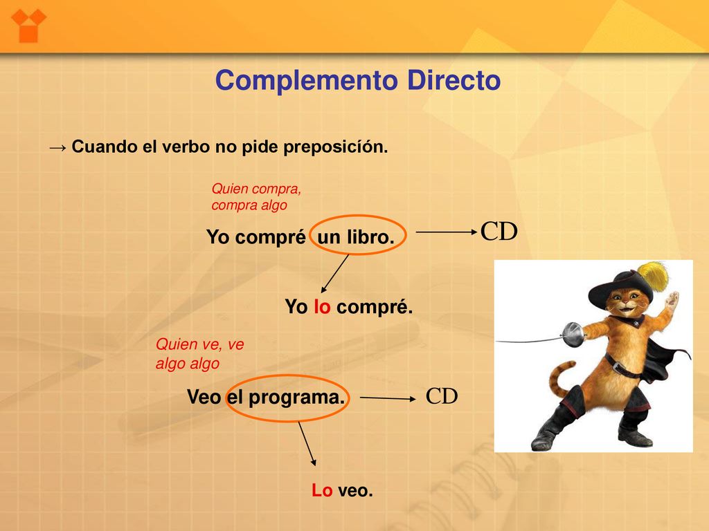 Complemento Directo CD CD Yo compré un libro. Yo lo compré.