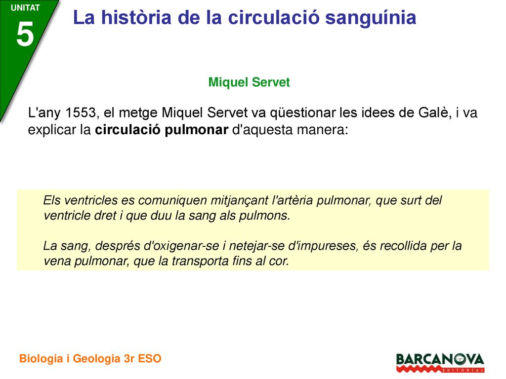 Miquel Servet L any 1553, el metge Miquel Servet va qüestionar les idees de Galè, i va explicar la circulació pulmonar d aquesta manera: