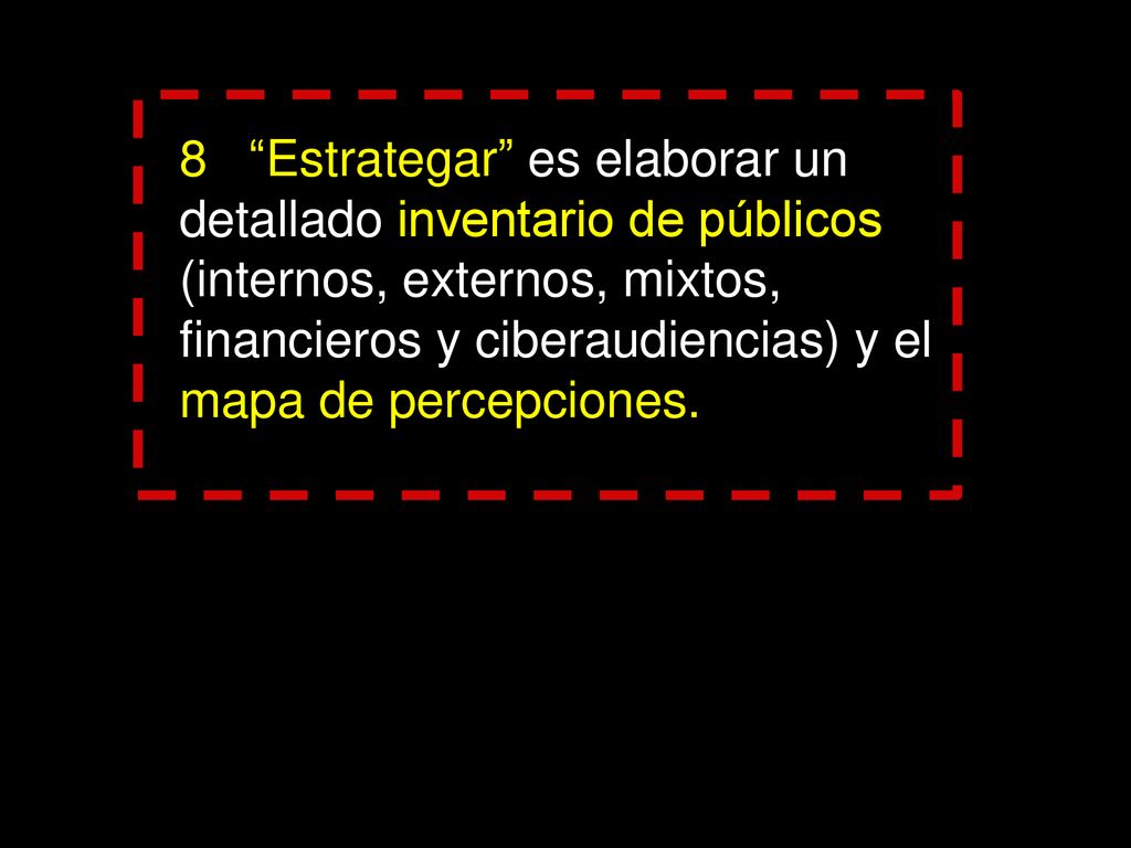 8 Estrategar es elaborar un detallado inventario de públicos (internos, externos, mixtos, financieros y ciberaudiencias) y el mapa de percepciones.