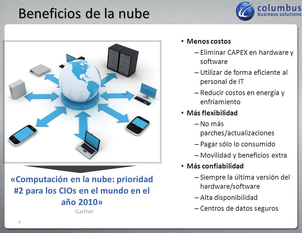 Beneficios de la nube Menos costos. Eliminar CAPEX en hardware y software. Utilizar de forma eficiente al personal de IT.