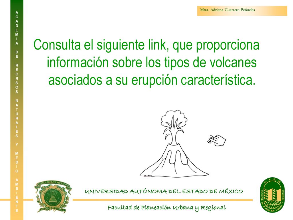 Consulta el siguiente link, que proporciona información sobre los tipos de volcanes asociados a su erupción característica.