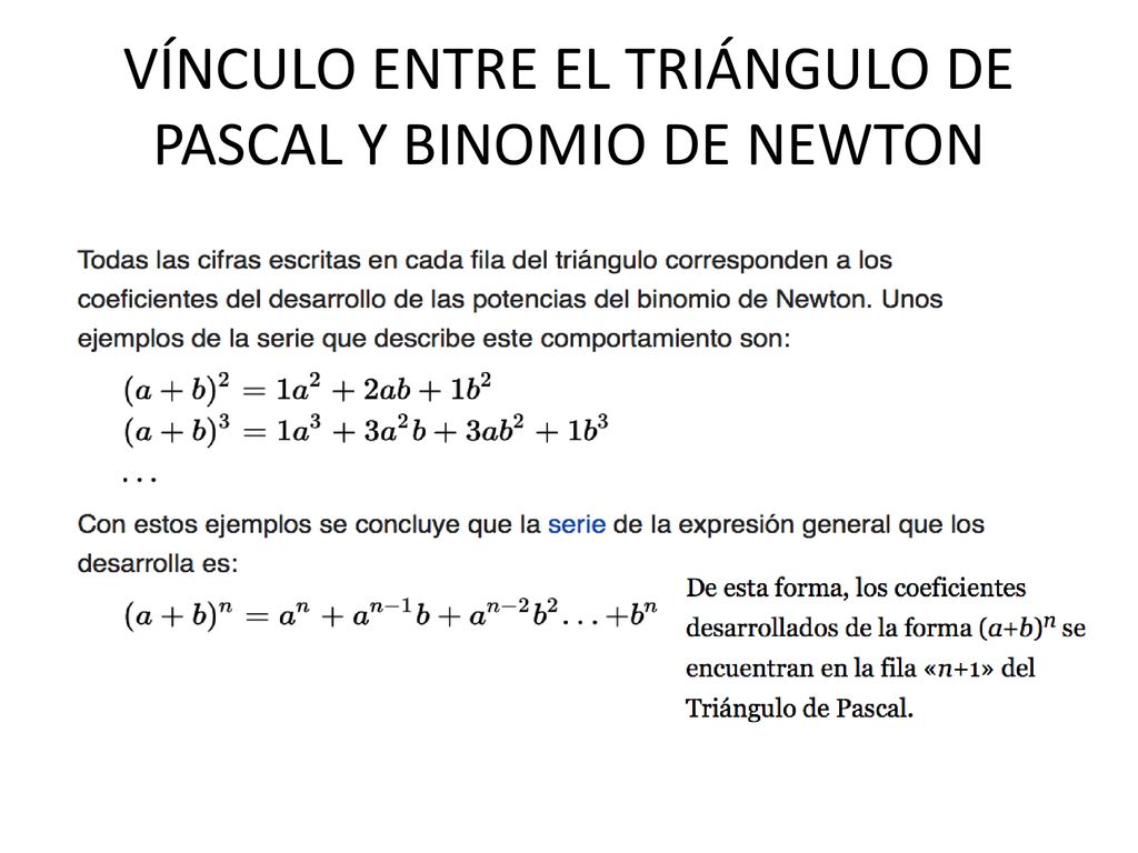 VÍNCULO ENTRE EL TRIÁNGULO DE PASCAL Y BINOMIO DE NEWTON