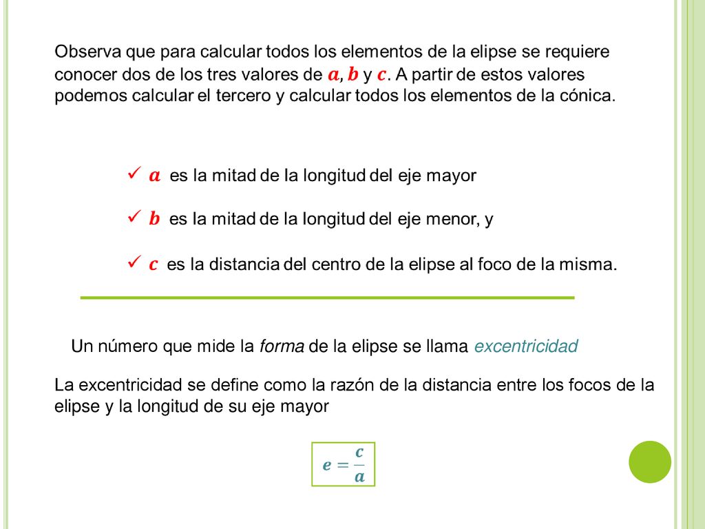 Un número que mide la forma de la elipse se llama excentricidad.
