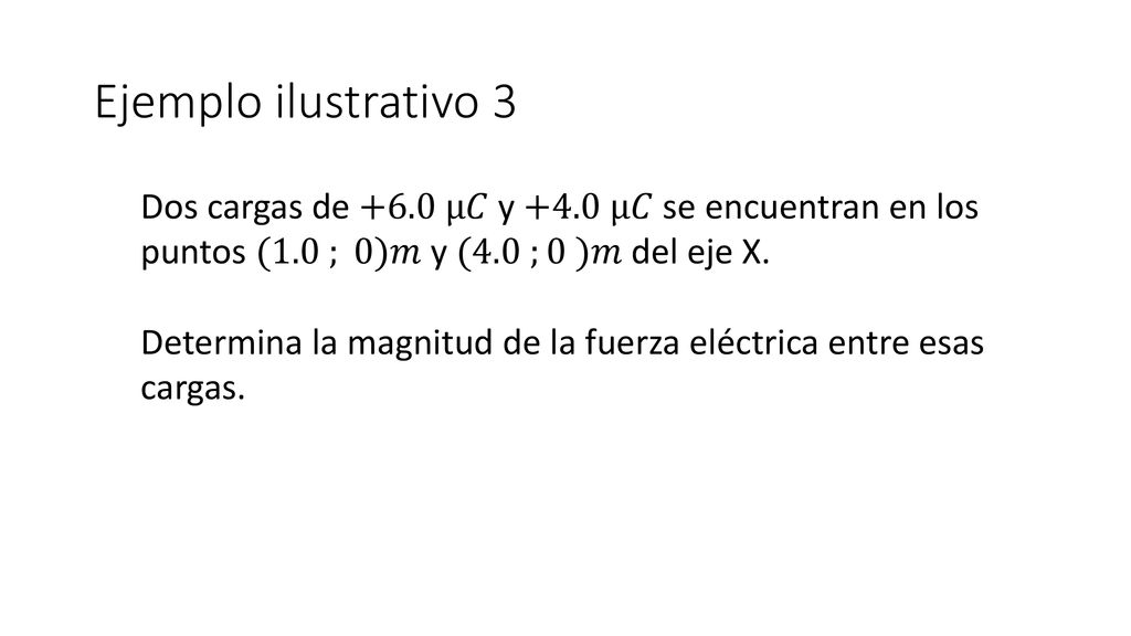 Ejemplo ilustrativo 3 Dos cargas de +6.0 µ𝐶 y +4.0 µ𝐶 se encuentran en los puntos (1.0 ; 0)𝑚 y (4.0 ;0 )𝑚 del eje X.