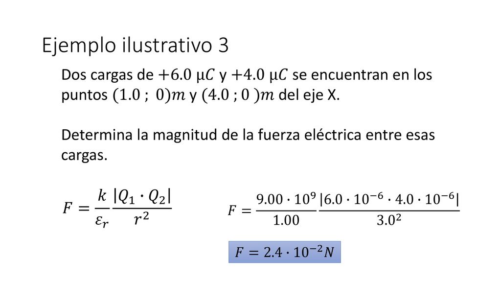 Ejemplo ilustrativo 3 Dos cargas de +6.0 µ𝐶 y +4.0 µ𝐶 se encuentran en los puntos (1.0 ; 0)𝑚 y (4.0 ;0 )𝑚 del eje X.