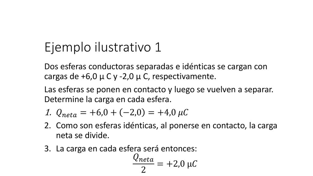 Ejemplo ilustrativo 1 Dos esferas conductoras separadas e idénticas se cargan con cargas de +6,0 μ C y -2,0 μ C, respectivamente.