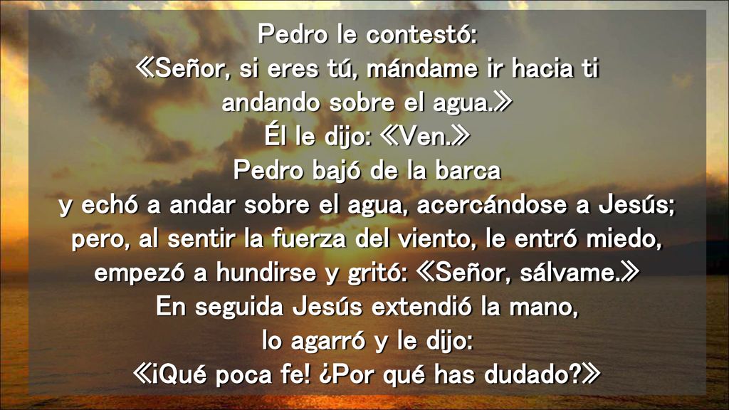 Pedro le contestó: «Señor, si eres tú, mándame ir hacia ti andando sobre el agua.» Él le dijo: «Ven.» Pedro bajó de la barca y echó a andar sobre el agua, acercándose a Jesús; pero, al sentir la fuerza del viento, le entró miedo, empezó a hundirse y gritó: «Señor, sálvame.» En seguida Jesús extendió la mano, lo agarró y le dijo: «¡Qué poca fe.