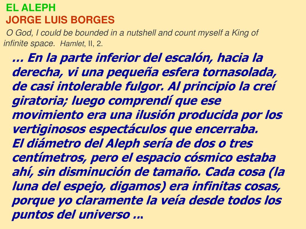EL ALEPH JORGE LUIS BORGES. O God, I could be bounded in a nutshell and count myself a King of. infinite space. Hamlet, II, 2.