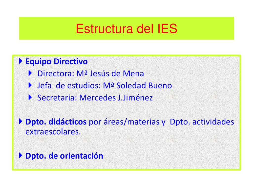 Estructura del IES Equipo Directivo Directora: Mª Jesús de Mena