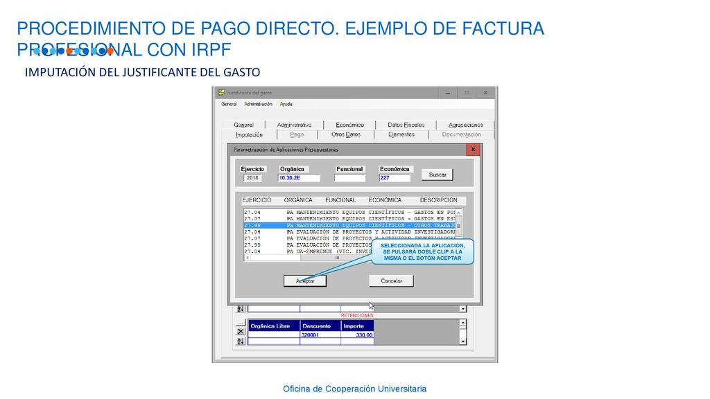 PROCEDIMIENTO DE PAGO DIRECTO. EJEMPLO DE FACTURA PROFESIONAL CON IRPF