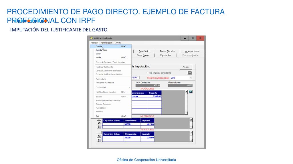 PROCEDIMIENTO DE PAGO DIRECTO. EJEMPLO DE FACTURA PROFESIONAL CON IRPF