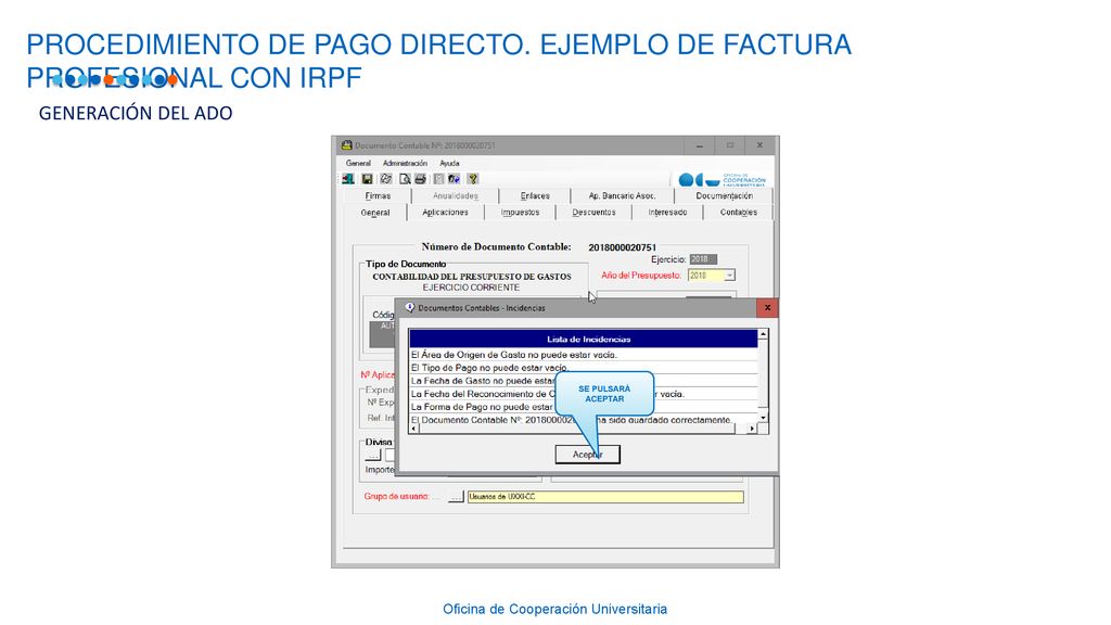 PROCEDIMIENTO DE PAGO DIRECTO. EJEMPLO DE FACTURA PROFESIONAL CON IRPF
