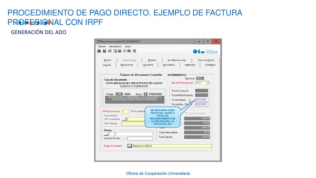 PROCEDIMIENTO DE PAGO DIRECTO. EJEMPLO DE FACTURA PROFESIONAL CON IRPF