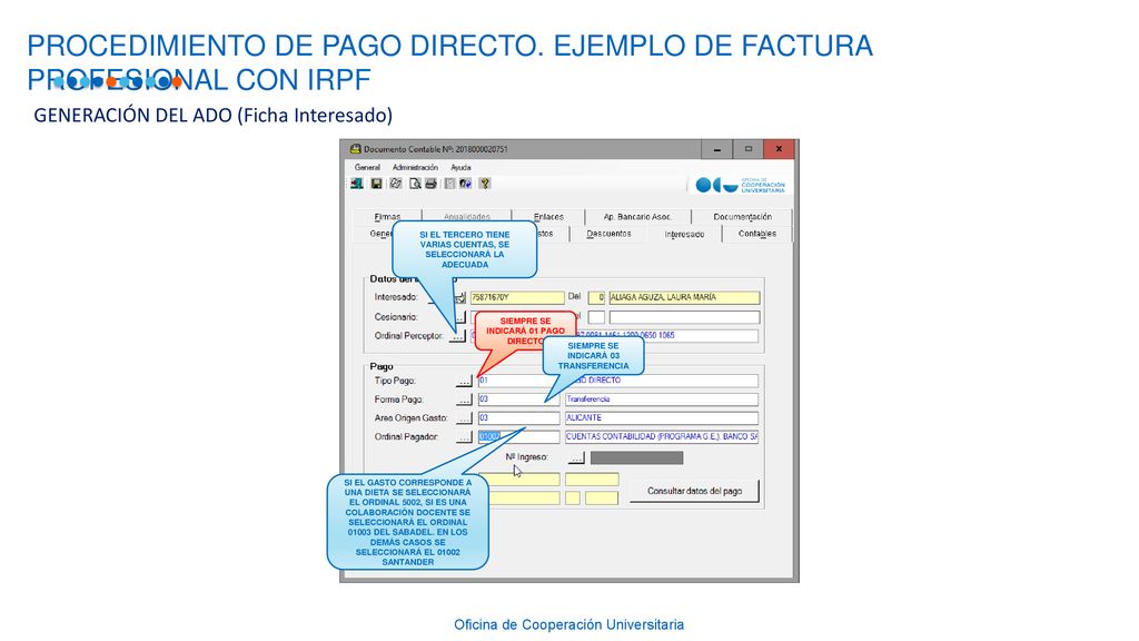 PROCEDIMIENTO DE PAGO DIRECTO. EJEMPLO DE FACTURA PROFESIONAL CON IRPF
