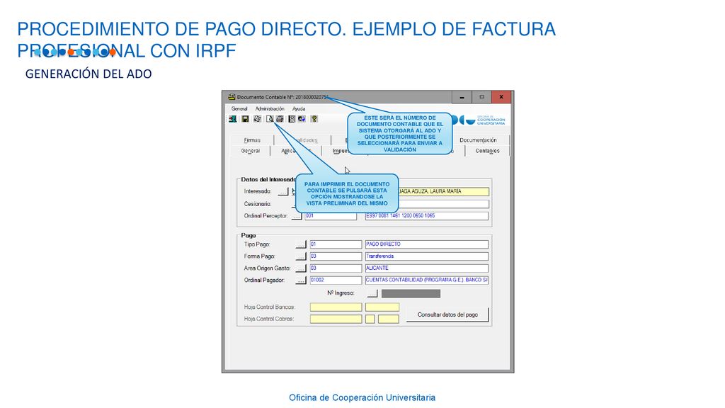 PROCEDIMIENTO DE PAGO DIRECTO. EJEMPLO DE FACTURA PROFESIONAL CON IRPF