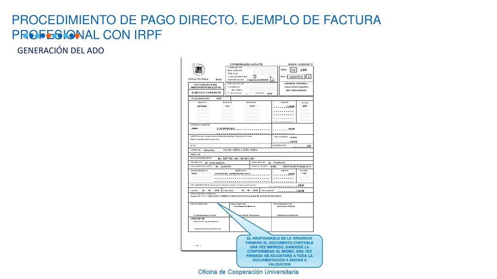 PROCEDIMIENTO DE PAGO DIRECTO. EJEMPLO DE FACTURA PROFESIONAL CON IRPF