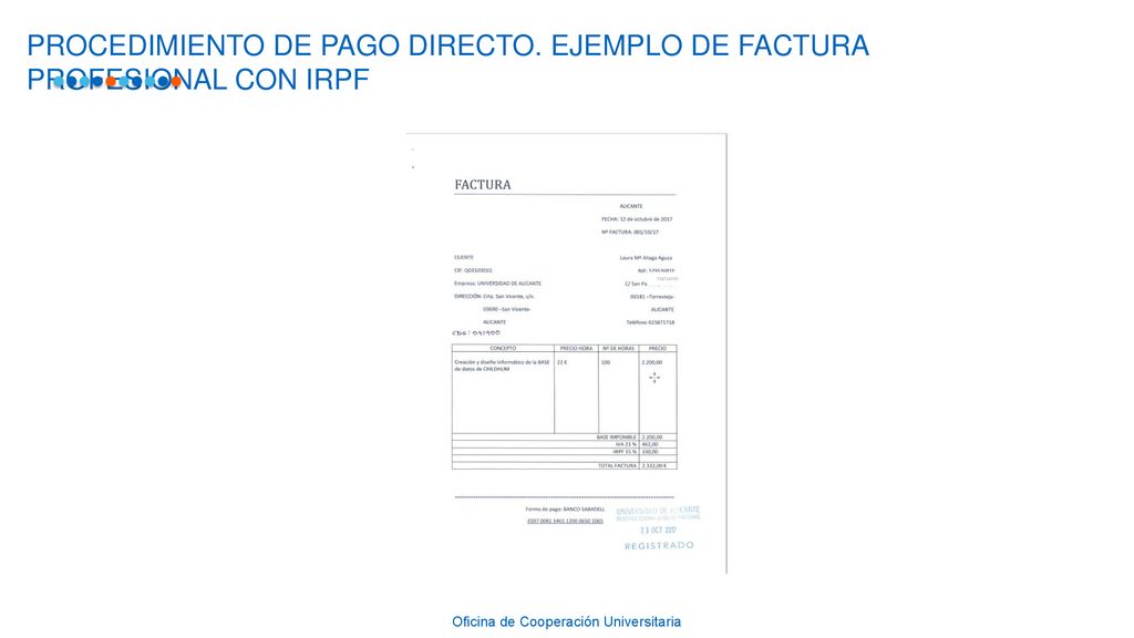 PROCEDIMIENTO DE PAGO DIRECTO. EJEMPLO DE FACTURA PROFESIONAL CON IRPF