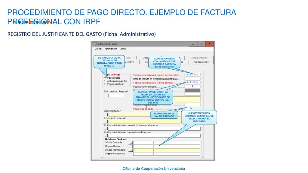 PROCEDIMIENTO DE PAGO DIRECTO. EJEMPLO DE FACTURA PROFESIONAL CON IRPF