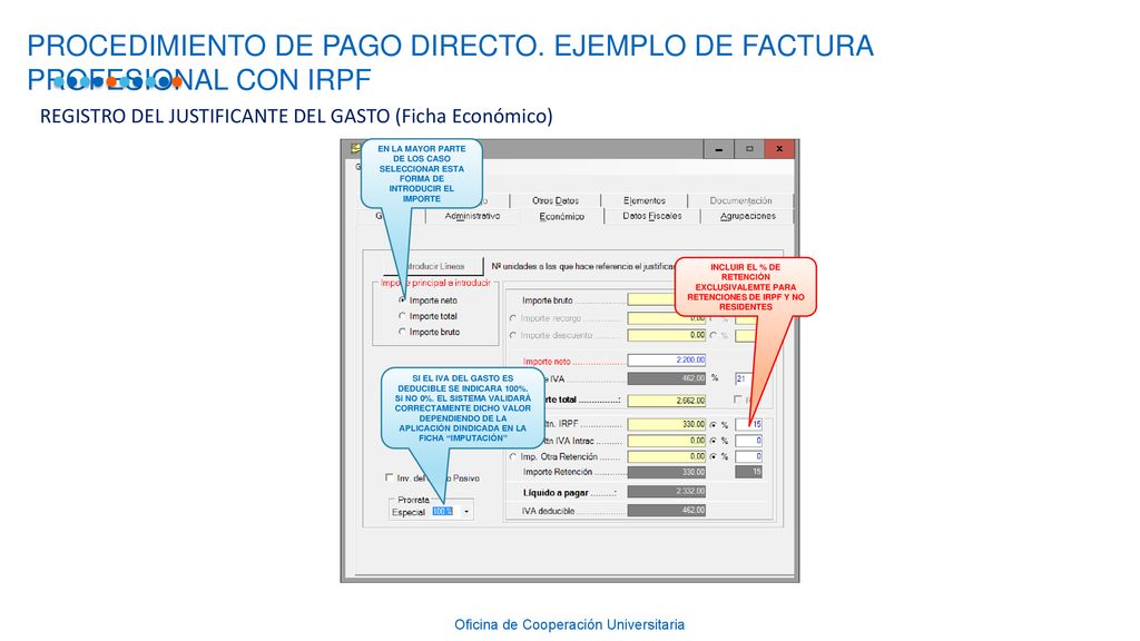 PROCEDIMIENTO DE PAGO DIRECTO. EJEMPLO DE FACTURA PROFESIONAL CON IRPF