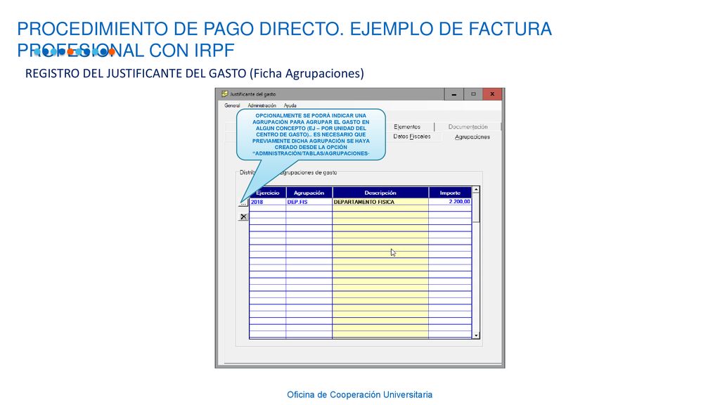 PROCEDIMIENTO DE PAGO DIRECTO. EJEMPLO DE FACTURA PROFESIONAL CON IRPF
