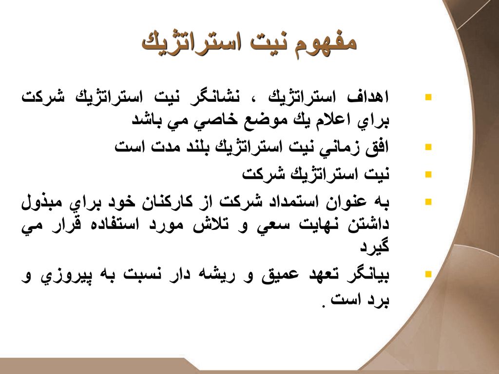 مفهوم نيت استراتژيك اهداف استراتژيك ، نشانگر نيت استراتژيك شركت براي اعلام يك موضع خاصي مي باشد. افق زماني نيت استراتژيك بلند مدت است.