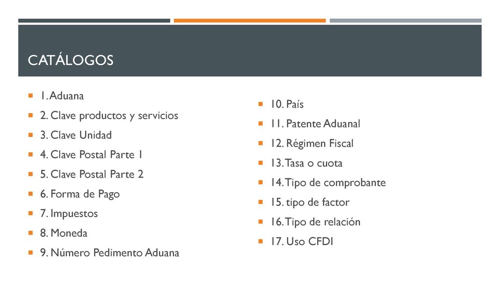 CATÁLOGOS 1. Aduana 10. País 2. Clave productos y servicios