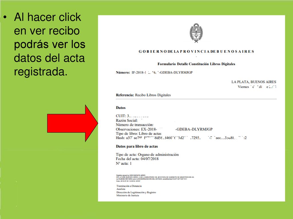Al hacer click en ver recibo podrás ver los datos del acta registrada.