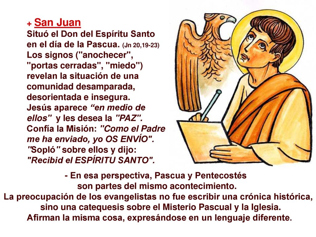 Situó el Don del Espíritu Santo en el día de la Pascua. (Jn 20,19-23)